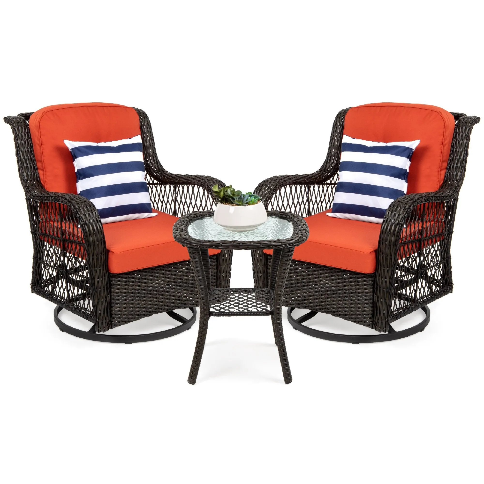 3-Piece Patio Wicker Bistro Furniture Set w/ 2 Swivel Rocking Chairs, Table