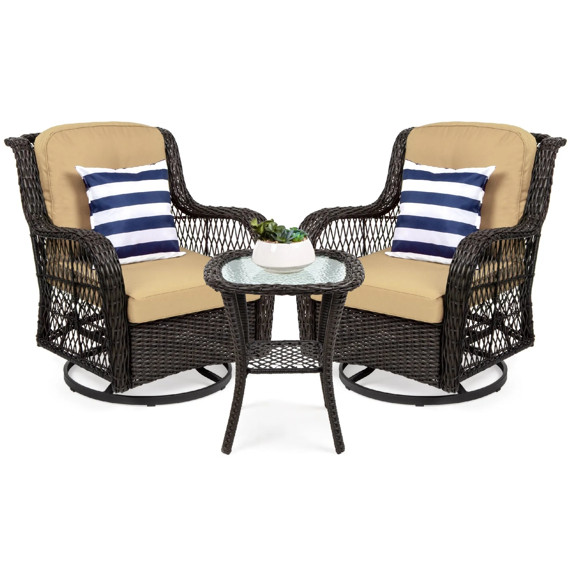 3-Piece Patio Wicker Bistro Furniture Set w/ 2 Swivel Rocking Chairs, Table
