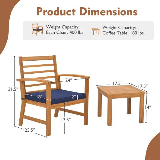 3 Pieces Outdoor Furniture Set with Soft Seat Cushions-Navy