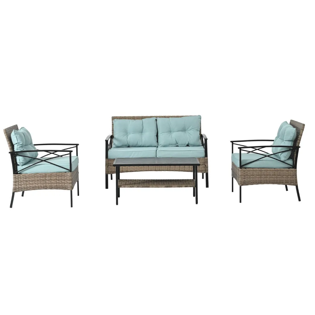 4-Piece Outdoor PE Wicker Furniture Set with Metal Table