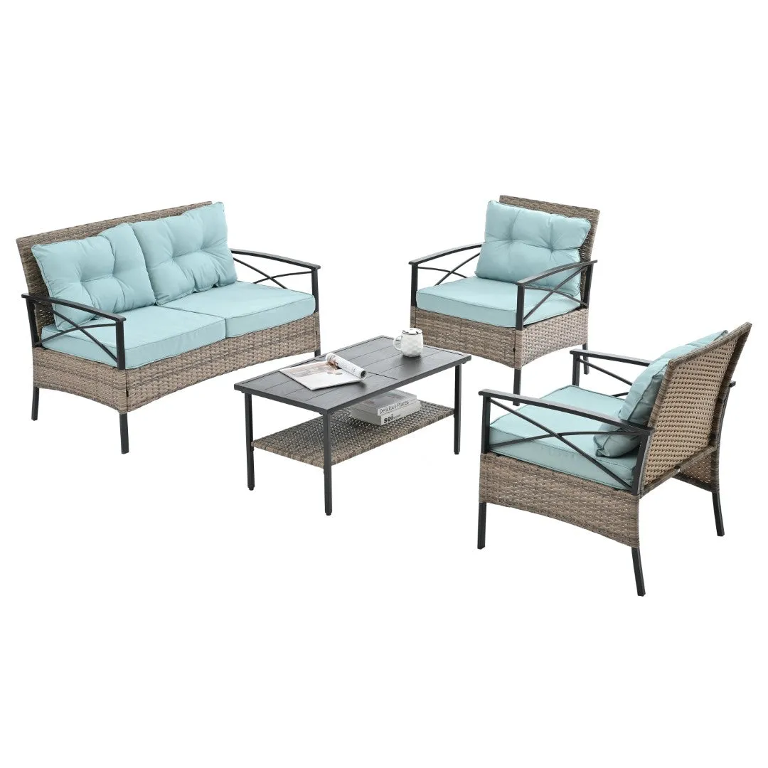 4-Piece Outdoor PE Wicker Furniture Set with Metal Table
