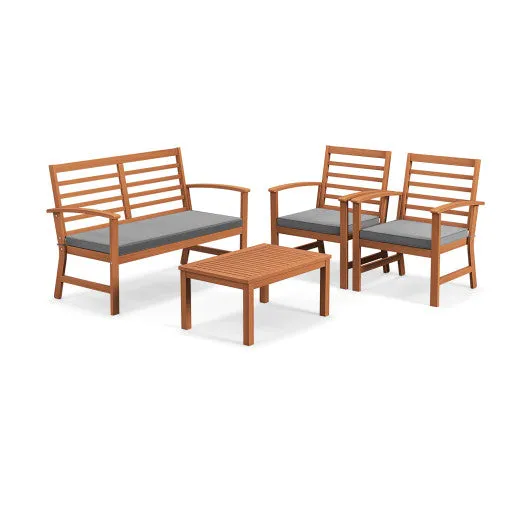 4 Pieces Outdoor Furniture Set with Stable Acacia Wood Frame-Gray