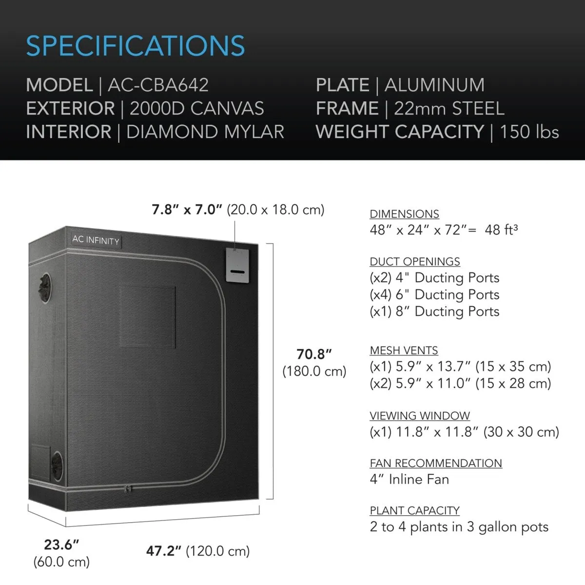 AC Infinity CLOUDLAB 642 Advance Grow Tent 48" X 24" X 72"