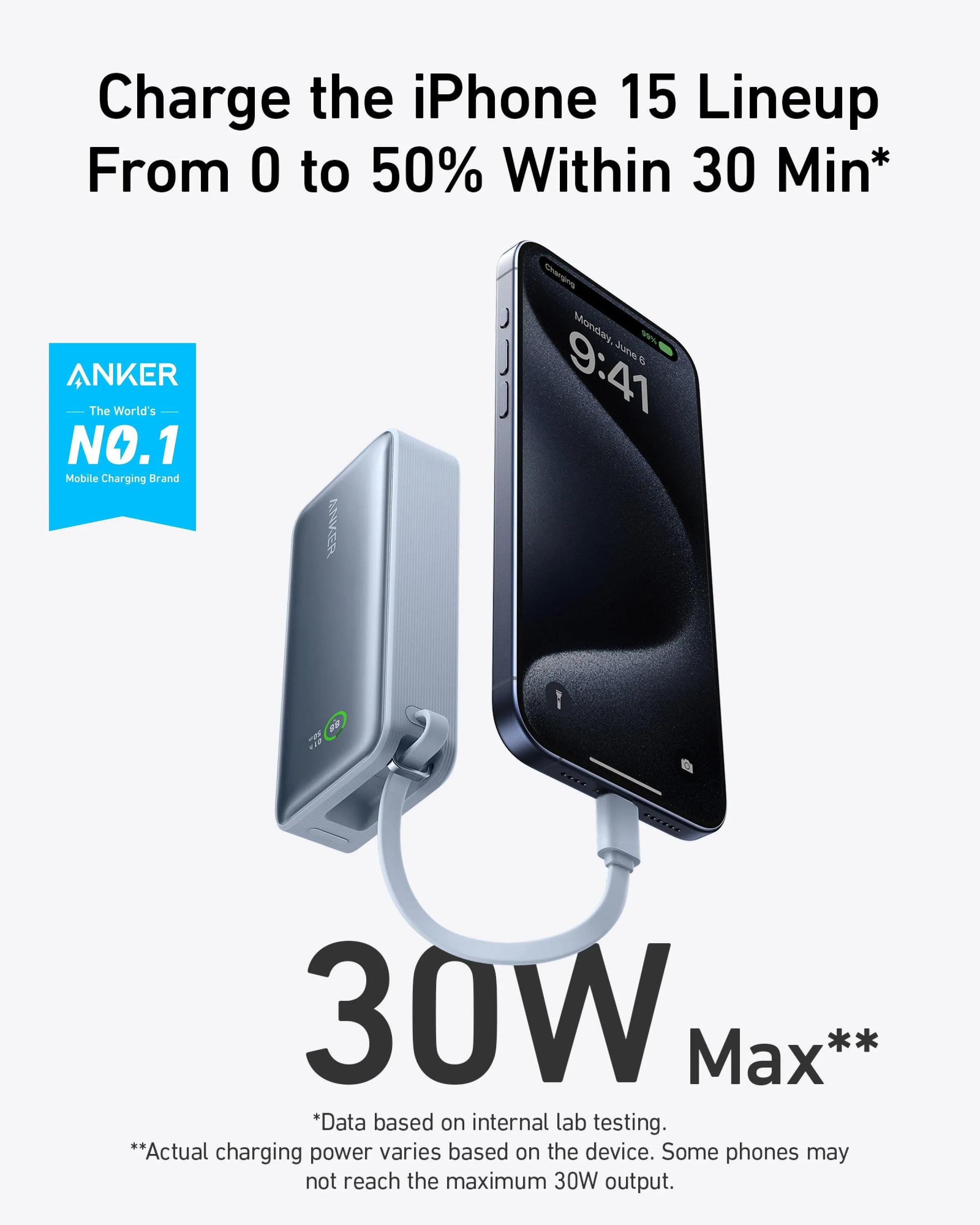 Anker Nano Power Bank (30W, Built-In USB-C Cable) 10000 -Blue