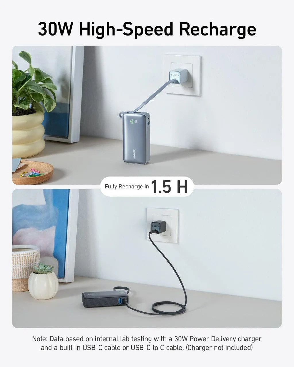 Anker Nano Power Bank (30W, Built-In USB-C Cable) 10000 -Blue