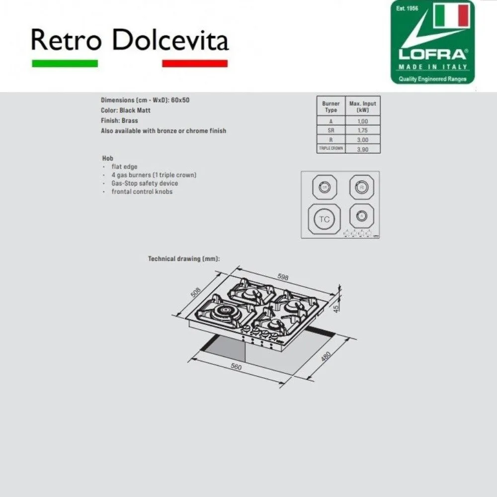 LOFRA DOLCEVITA 60 HRBP6GO CHR Retro White 4 Burner Low Profile Gas Hob 60cm