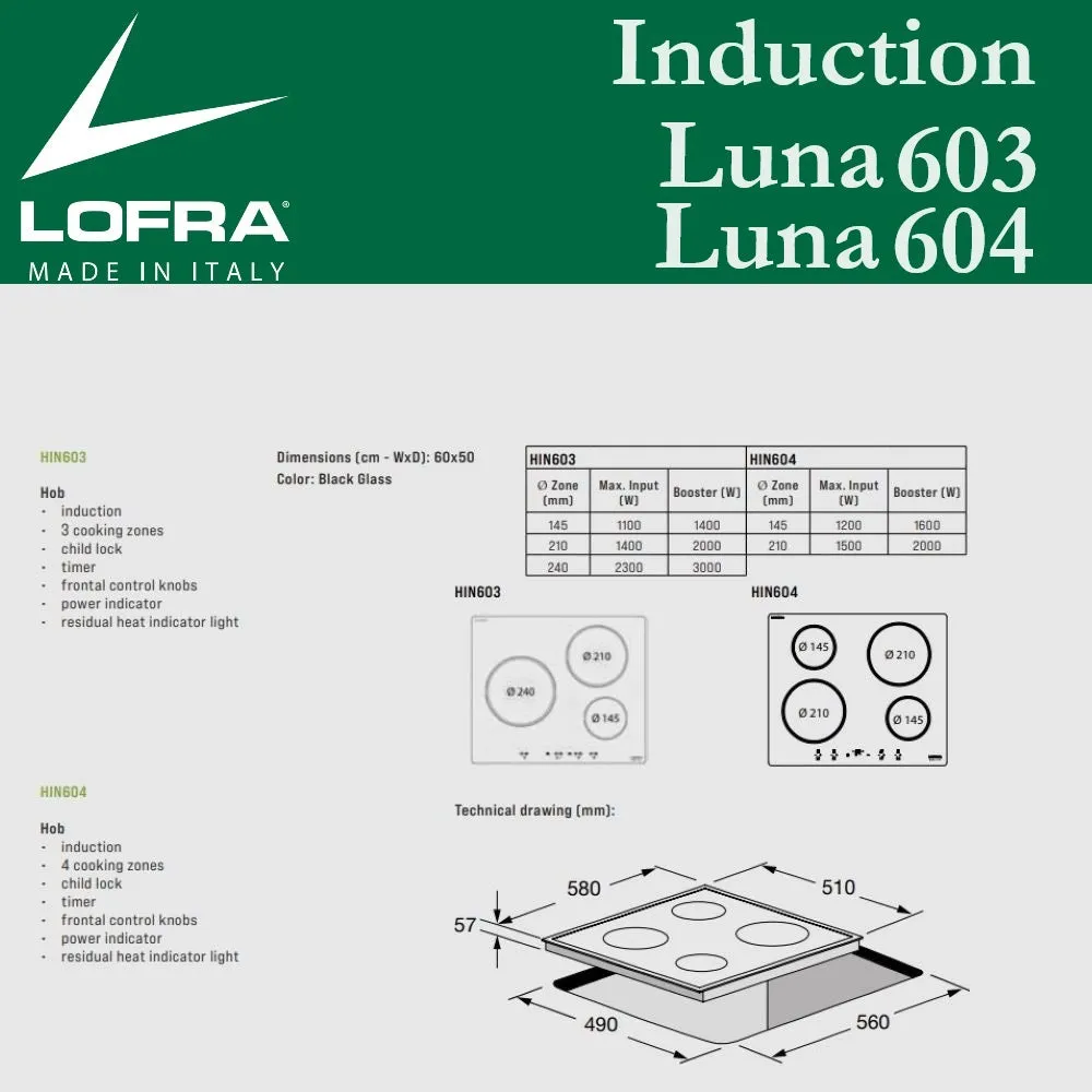 Lofra HIN604 Black Glass 4 Zone Induction Electric Hob 60cm
