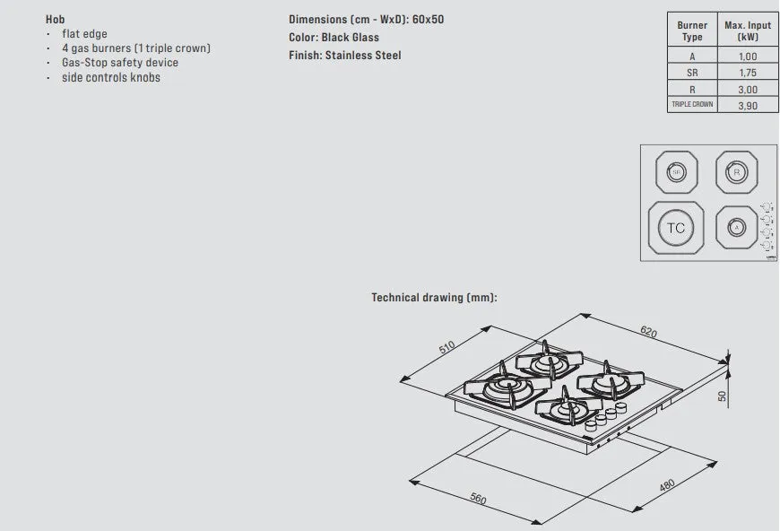 Lofra Mercurio 60 HGN6H0 Side Control Black Glass 4 Burner Gas Hob