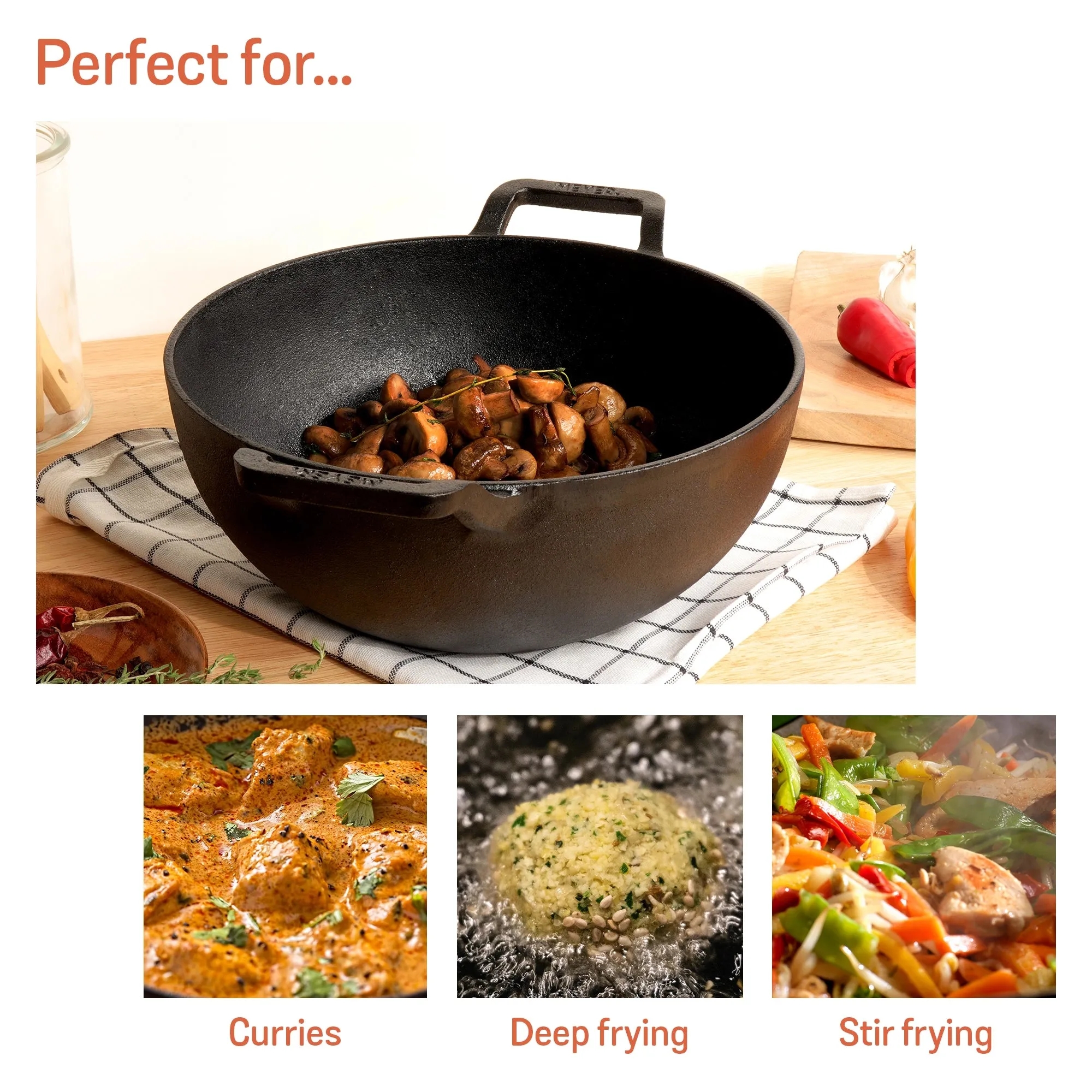 Meyer Pre Seasoned Cast Iron Deep Kadai/Wok with Glass Lid , 20cm