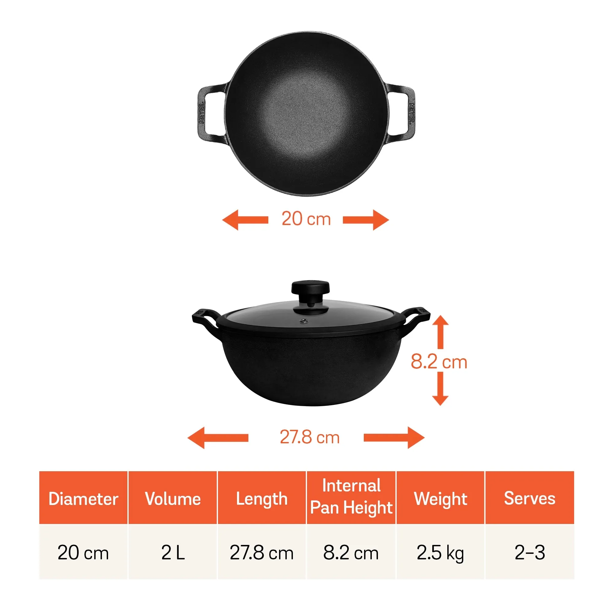Meyer Pre Seasoned Cast Iron Deep Kadai/Wok with Glass Lid , 20cm