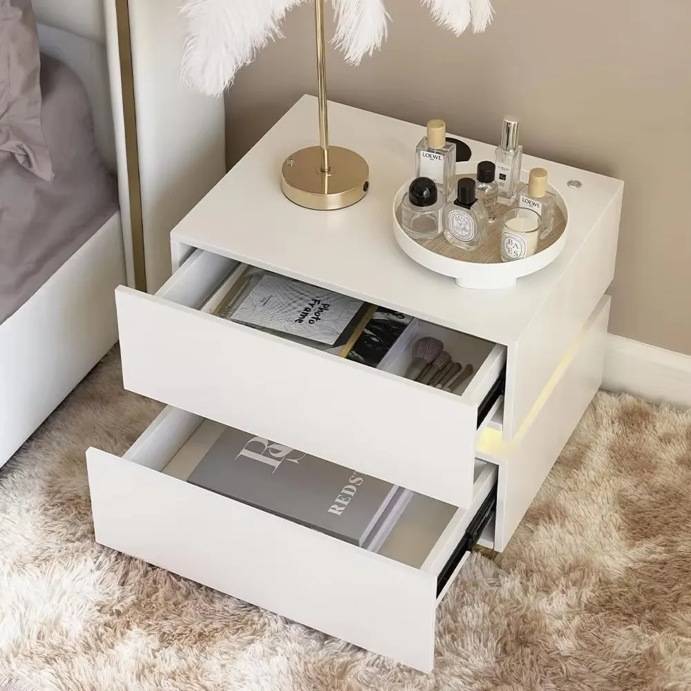 Modern White Smart LED Night Stand with Wireless Charging Station, Bedside Table with Light, 2-Drawer Nightstand with USB Ports.