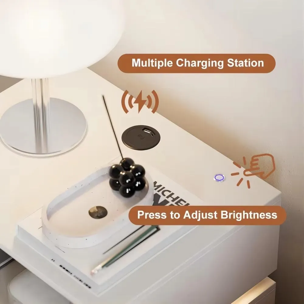 Modern White Smart LED Night Stand with Wireless Charging Station, Bedside Table with Light, 2-Drawer Nightstand with USB Ports.