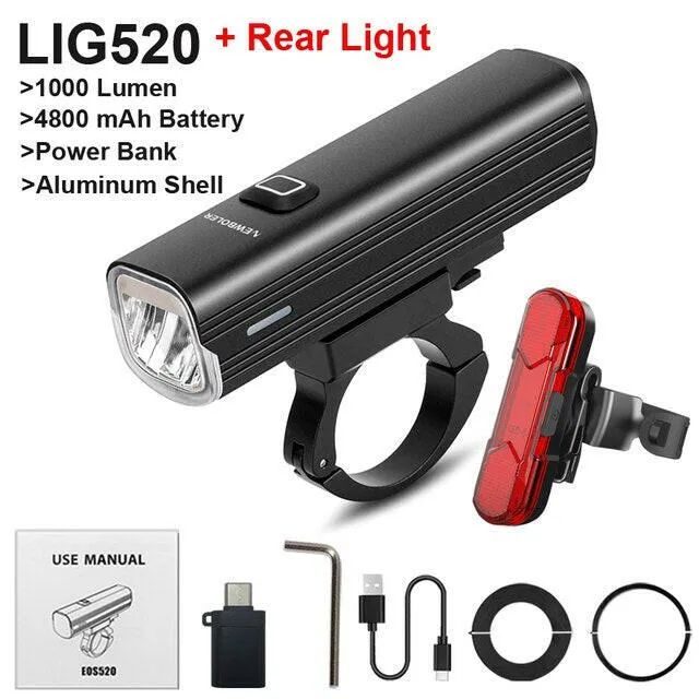 NEWBOLER 1000 Lumen Flashlight For Bicycle USB Bike Front Rear Light Set Rainproof MTB Headlight 4800mAh Cycling Lamp Accessory