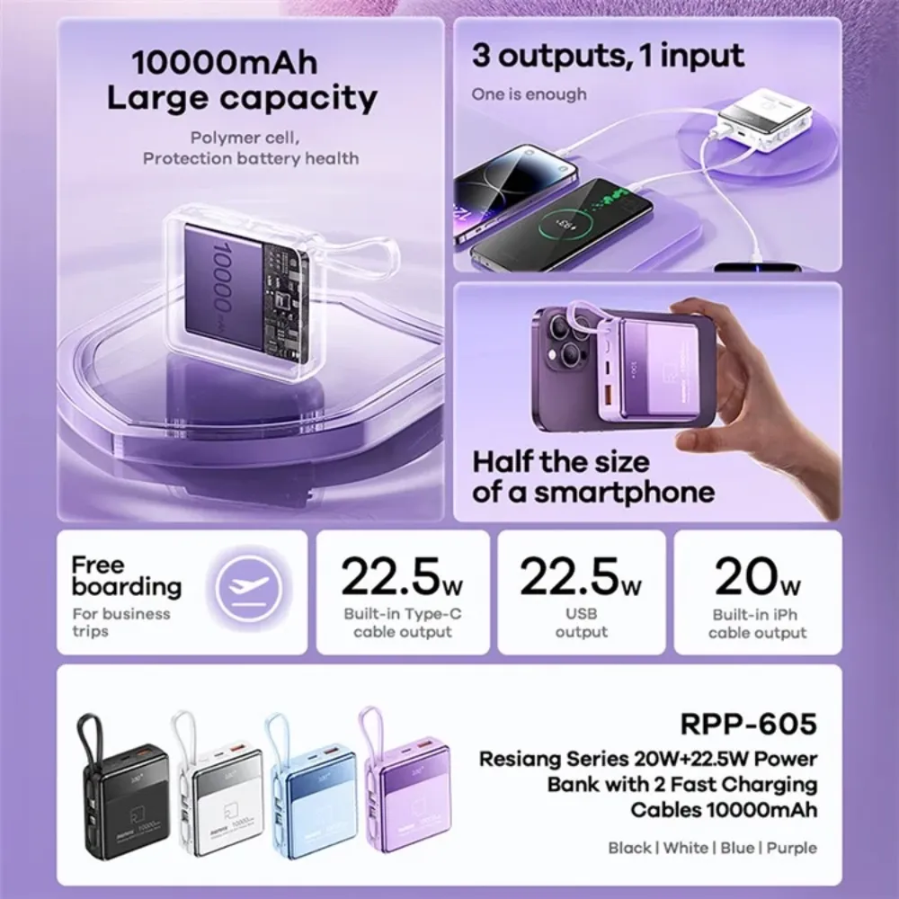 REMAX RPP-605 Resiang Series 10000mAh PD QC Fast Charging Power Bank(PD 20W QC 22.5W) - Purple