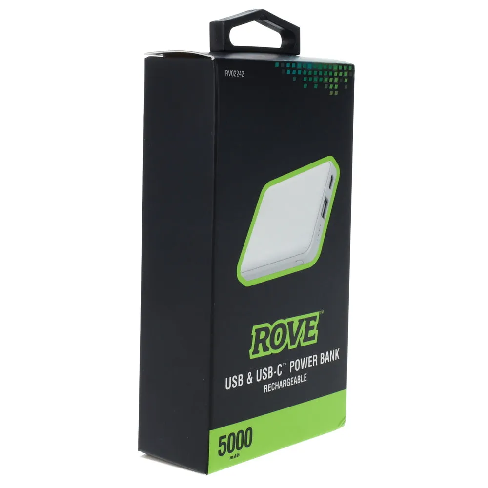 Rove RV02242 Power Bank 5000mAh USB-A/C Portable Charger - Dual Port, Slim Design
