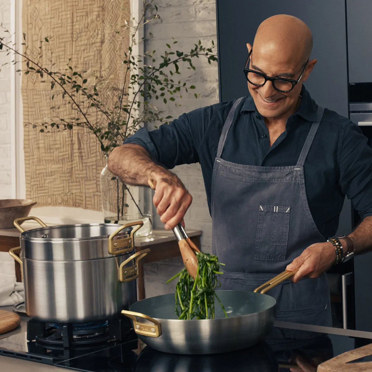 Stanley Tucci™ Stainless Steel Ceramic Nonstick 6.5-Quart Essential Stanley Pan with Lid | Champagne Handle