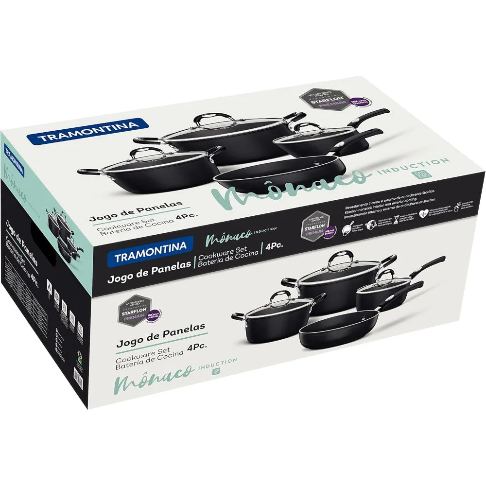 Tramontina Brazil  Monaco Induction 7 Pieces Black Aluminum Cookware Set with Interior and Exterior Starflon Premium PFOA Free Nonstick Coating