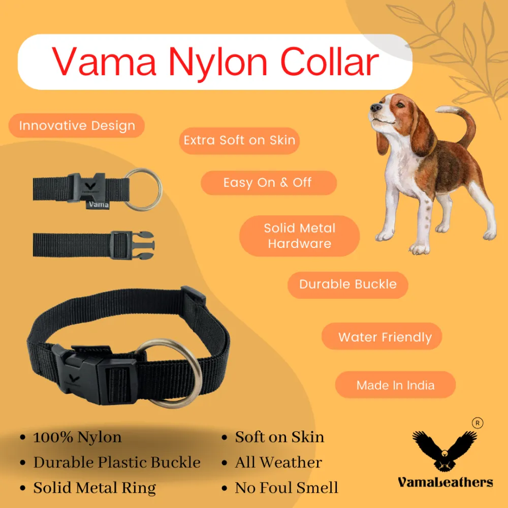 Vama Leathers Soft Durable Nylon Collar and Reflective Soft Handle All Leather Leash for Dogs Combo (Black)