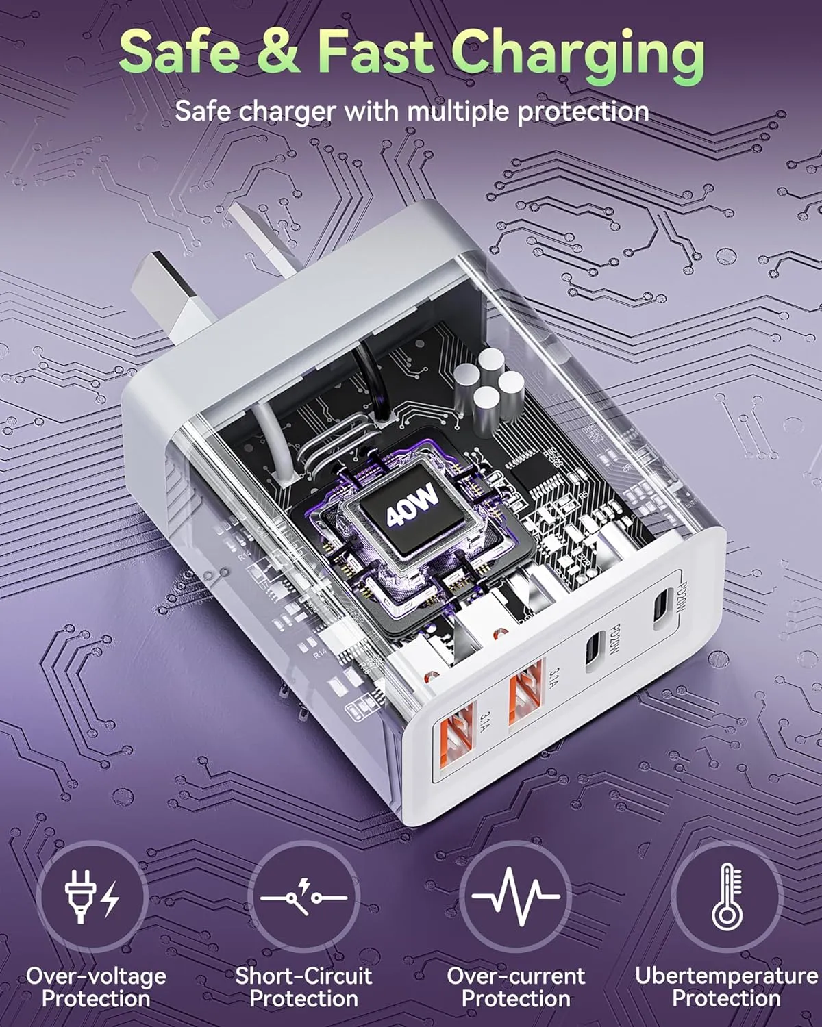 White USB C Fast Charger, 40W Dual USB-C Wall Charger