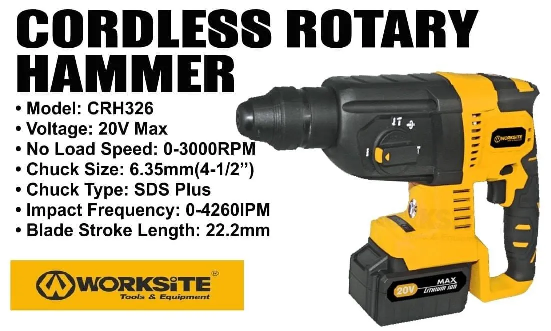 Worksite Brushless Cordless Rotary Hammer Drill, 20V Max, 4.0AH Battery and FAST Charger, Chuck Size 1/2", - CRH326